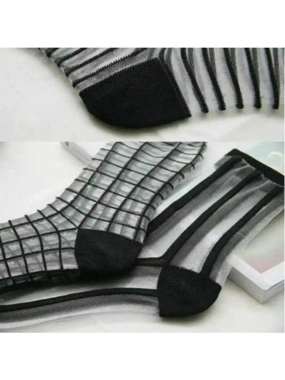 ⭐Women Silky Socks 5 Pairs Transparent Elastic Mesh  Multi design Ankle Black Ne